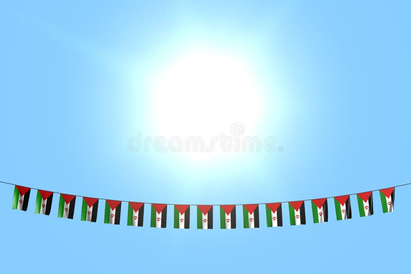 Merveilleux beaucoup de drapeaux ou de bannières de la Sahara occidental accroche sur la ficelle sur le fond de ciel bleu - n'imp illustration libre de droits Merveilleux beaucoup de drapeaux ou de bannières de la Sahara occidental accroche sur la ficelle sur le fond de ciel bleu - n'imp illustration libre de droits