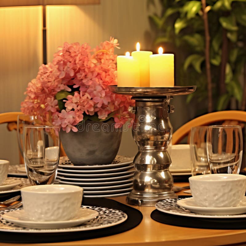 Mesa de comedor bien servida con elegantes platos a la vista y flores stock de ilustración