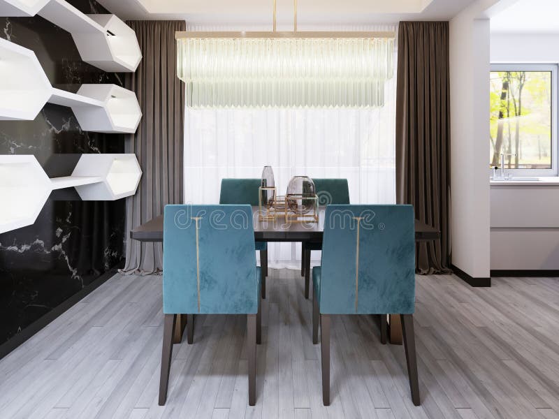 Mesa de jantar luxuosa com cadeiras do velor e uma tabela maciça nos pés de bronze com um candelabro de vidro ilustração stock Mesa de jantar luxuosa com cadeiras do velor e uma tabela maciça nos pés de bronze com um candelabro de vidro ilustração stock