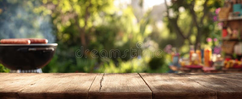 A mesa de madeira convidada pronta para churrasco de verão e delícias de churrasco. fotos de stock royalty free
