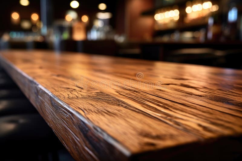 Mesa de bar de madera vacía redonda con fondo borroso