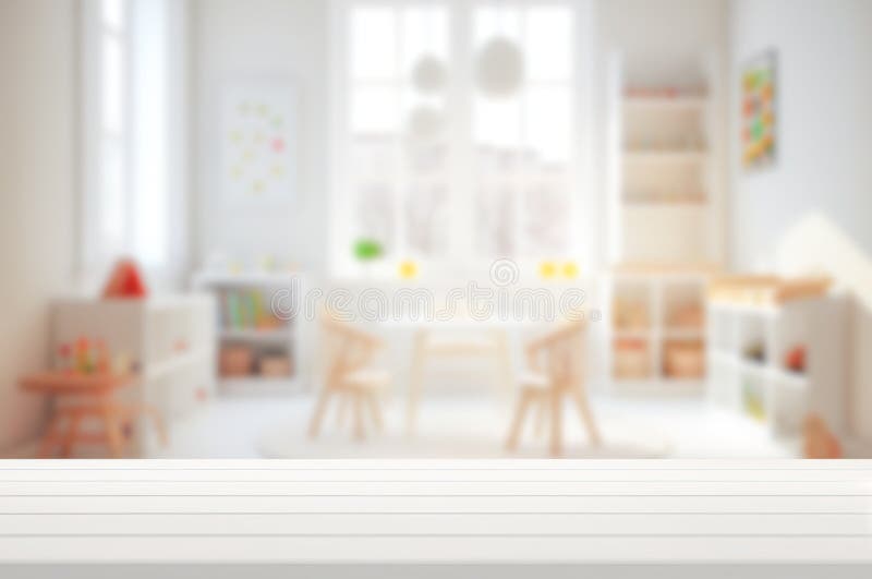 Mesa vacía con estante de juguete para niños borrosos y fondo de ventana fotos de archivo