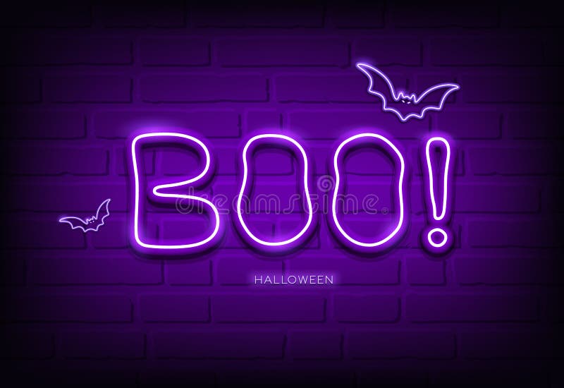 Mesaj de bâtă și bat neon violet ușor concept de Halloween fericit purpuriu lumină pe fundal negru perete bloc royalty free illustration