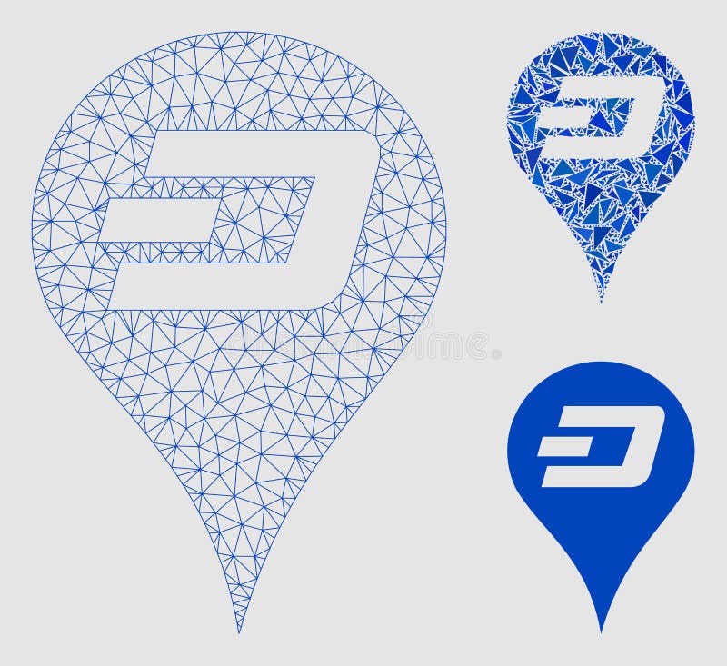 Dashcoin Map Pointer Vector Mesh Wire Frame Model and Triangle Mosaic Icon. Mesh Dashcoin map pointer model with triangle mosaic icon. Wire carcass polygonal mesh of Dashcoin map pointer. Vector mosaic of triangle parts in various sizes and color tints.