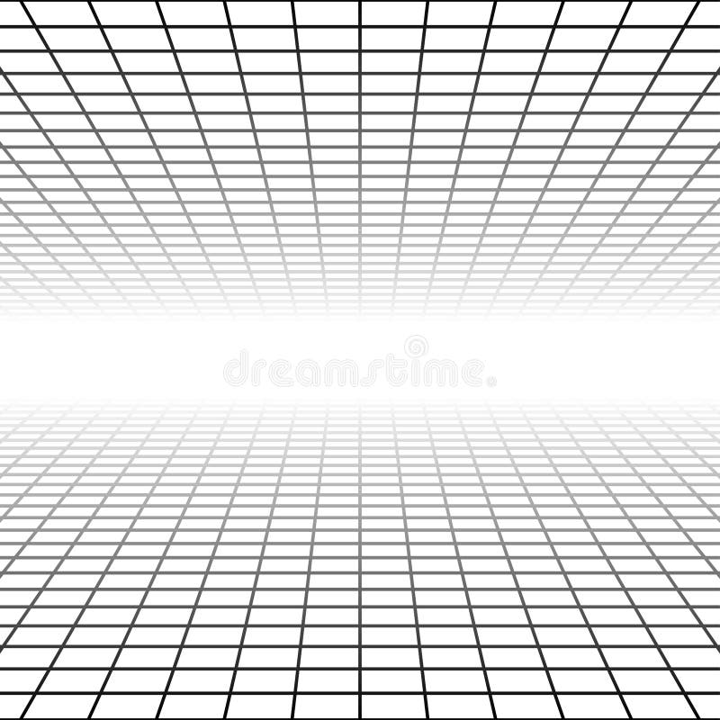 Mesh, grid in perspective vanish, diminish to distant horizon. Virtual 3D space render. Skyline converge abstract background.