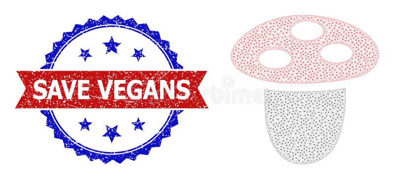 Triangular Mesh Mushroom Icon and Grunge Bicolor Save Vegans Watermark. Mesh mushroom carcass illustration, and bicolor scratched Save Vegans watermark. Mesh carcass image is based on mushroom icon.