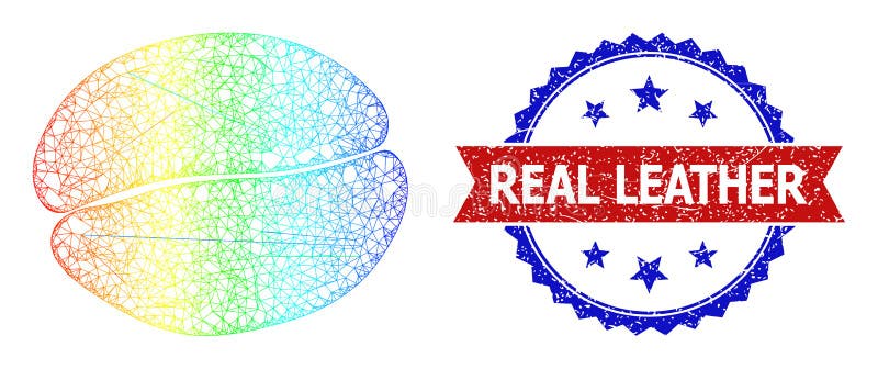 Hatched Coffee Bean Mesh Icon with Spectrum Gradient and Distress Bicolor Real Leather Stamp stock illustration