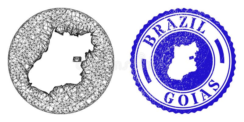 Mesh Network Inverted Goias State Map and Scratched Round Stamp Seal vector illustration