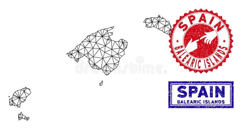 Polygonal Wire Frame Balearic Islands Map and Grunge Stamps royalty free illustration Polygonal Wire Frame Balearic Islands Map and Grunge Stamps royalty free illustration