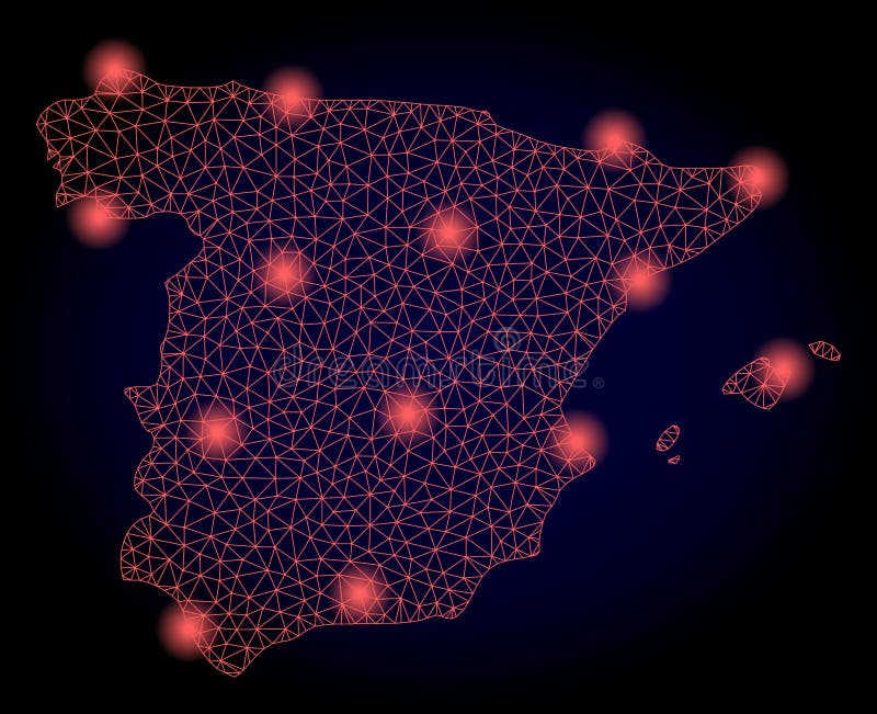 Polygonal Wire Frame Mesh Map of Spain with Red Light Spots Stock