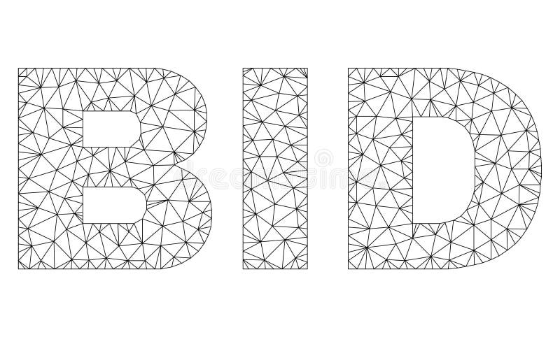 Polygonal Mesh BID Text Label. Mesh vector BID text. Abstract lines and circle dots are organized into BID black carcass symbols. Linear frame flat triangular stock illustration Polygonal Mesh BID Text Label. Mesh vector BID text. Abstract lines and circle dots are organized into BID black carcass symbols. Linear frame flat triangular stock illustration