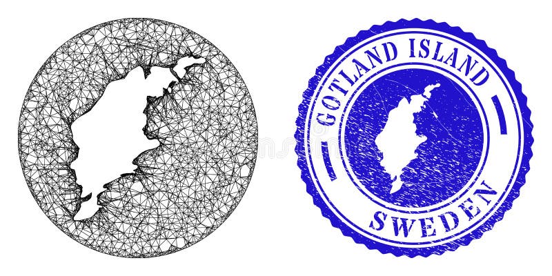 Mesh Wire Frame Subtracted Gotland Island Map and Distress Round Stamp Seal stock illustration