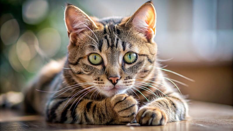 Mesmerisierte Tabby Cat beobachtet seine eigene Paw A Studie in Neugier. Eine faszinierende Nahaufnahme offenbart eine Tabbierkatze, die in den komplizierten Details ihrer eigenen Pfote verloren geht. Der feline intensive Fokus ist spürbar seine Whiskers zwitschern mit einer Mischung aus Neugier und Staunen. Kleine Krallen und zarte Pads zeigen deutlich die bemerkenswerte Struktur eines Katzenfußes. Das weiche, cremige Tischfell kontrastiert wunderschön mit den reichen braunen Markierungen und schafft ein auffallendes visuelles Bild