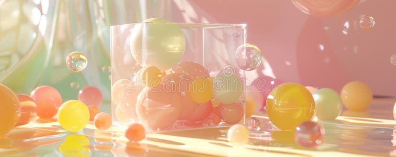 Redarea abstractă 3d a sferelor colorate într-un cub transparent într-un mediu pastel stock illustration