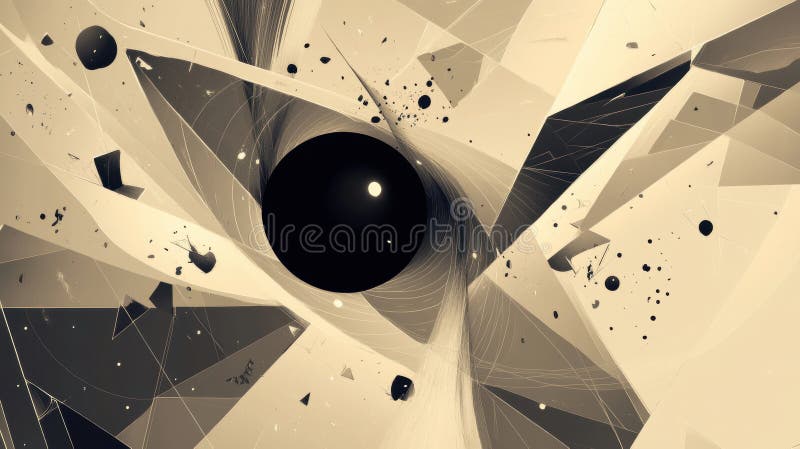 Mesmerizing abstract image features central black hole surrounded by geometric shapes and dynamic lines, creating sense of cosmic royalty free illustration