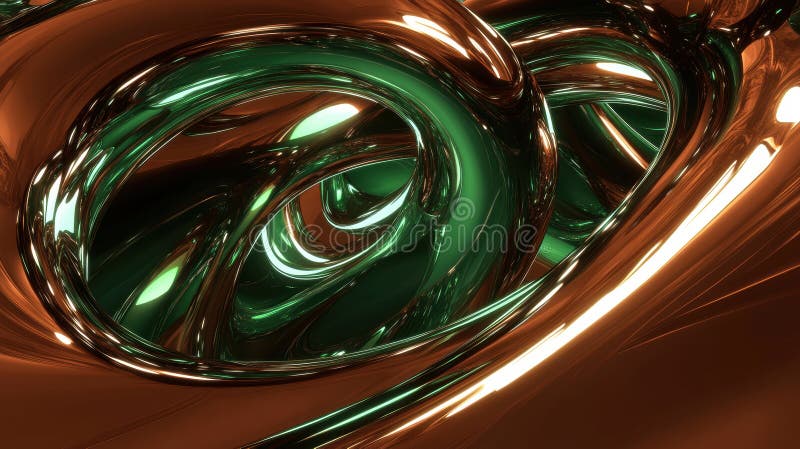 Mesmerizing abstract image featuring intertwined metallic shapes in green and copper tones, creating futuristic GenerativeAI stock illustration