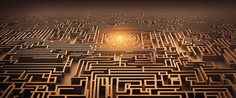 A mesmerizing, abstract representation of complex business strategies, showcasing a labyrinth of interconnected paths, nodes, and stock illustration