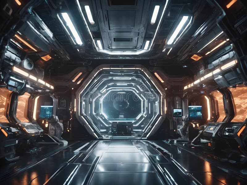 Ai illustration photo of a space station control room hallway with a design full of futuristic lights royalty free illustration