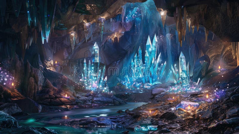 Explorați peștera cristalină cu ape strălucitoare reflectante și încântătoare aig59. O peșteră fascinantă cu cristale strălucitoare reflectând apele și o atmosferă mistică oferă o experiență magică care generează aig59 ai
