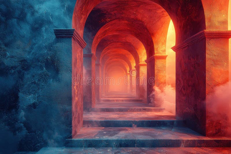 Mesmerizing cosmic gateway with infinite archways leading into vibrant, ethereal atmosphere royalty free stock photography