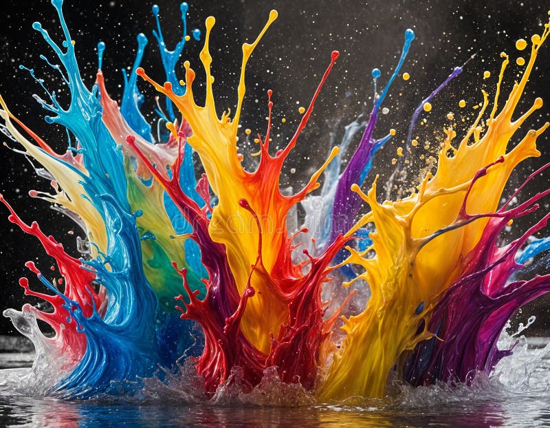 In a mesmerizing display of artistry, vibrant liquid forms and colliding objects dance gracefully against a backdrop of water royalty free illustration