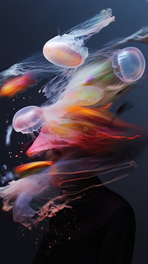 Colorful jellyfish floating above a silhouette, creating a surreal visual effect stock images