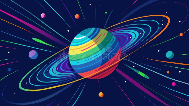 A mesmerizing display of colorful lines representing the realtime movement of information around a virtual planet royalty free illustration