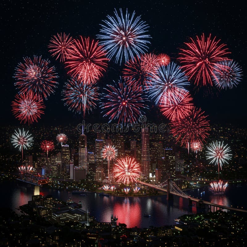 A mesmerizing display of fireworks explodes over a cityscape at night, illuminating vector illustration