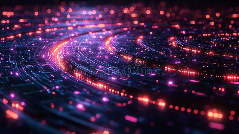 A mesmerizing display of glowing lines and dots, representing the digital world and technology. Abstract digital art featuring swirling glowing lines and dots with vibrant colors, conveying data and technological themes. AI generated