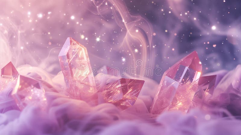 Mesmerizing display of purple crystals surrounded by soft, flowing mist, illuminated with a magical glow, creating an ethereal and stock illustration