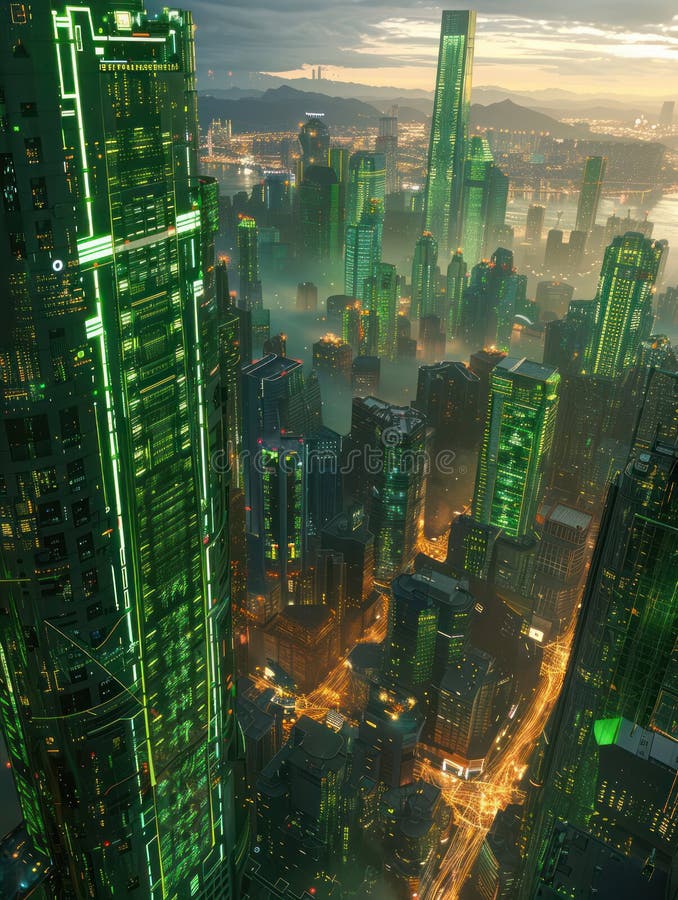 Peisaj urban futurist cu zgârie-nori înalți și lumini neon la apus captând esența vieții urbane într-o metropolă cu. Un peisaj uristic fascinant al orașului în amurg, unde zgârie-norii înclină luminile din cerul crepuscular luminează jungla urbană reflectând impulsul unui metropolis care luminează cu tehnologie avansată și arhitectură modernă elegantă, această scenă captivantă întruchipează esența vieții urbane într-o lume a generației de mâine