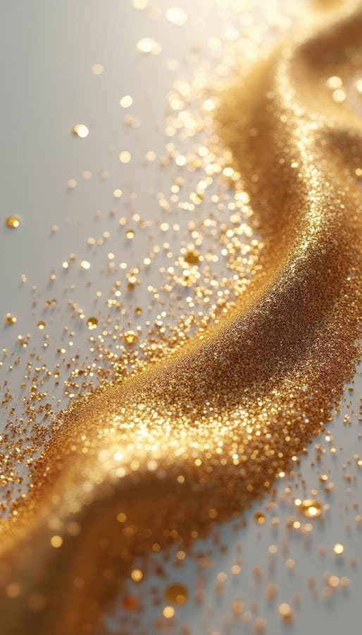 Mesmerizing golden glitter flowing in a shimmering wave. A stunning close-up of golden glitter cascades in a graceful wave, capturing the light and creating a magical sparkle. This enchanting image evokes feelings of luxury and celebration, perfect for conveying a sense of glamour and festivity. AI generated