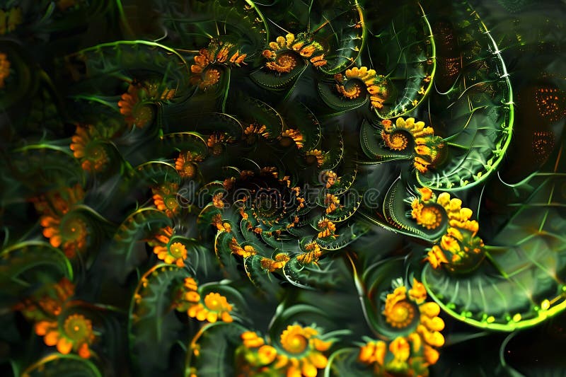 Enchanting Fractal Floral Spiral in Dark Green and Gold Hues vector illustration