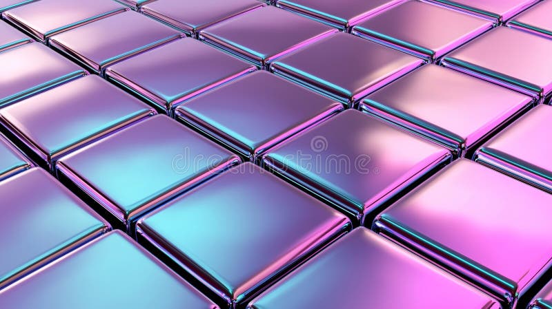 Mesmerizing iridescent cubes form a futuristic grid with vibrant neon colors, reflecting a sleek metallic surface vector illustration