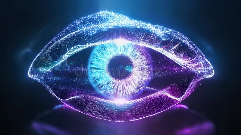 Mesmerizing Digital Eye Formed by Glowing Particles, Abstract High-Tech Surveillance, vector illustration.