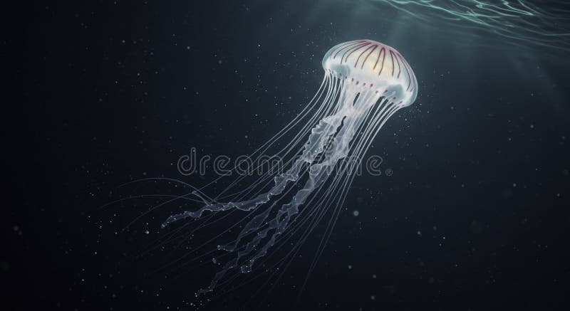Elegant Moon Jellyfish Swimming in Dark Ocean Waters stock photo