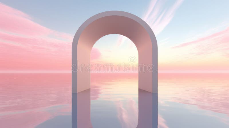 A mesmerizing pink sky reflecting on an arch in the water. Generative ai stock photography