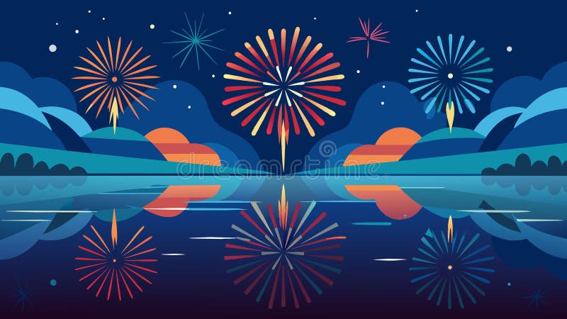 A mesmerizing reflection of the fireworks in the lake creating a mirror image of the spectacular celebration of Independence Day.. Vector illustration AI generated