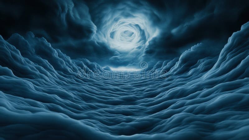 Surreal swirling clouds form a mystical pathway to a luminous vortex in the sky, AI royalty free stock photography