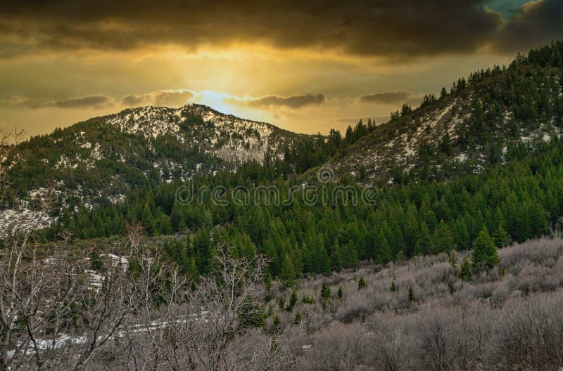 Mesmerizing scenery of forested mountains under a cloudy sky stock photography