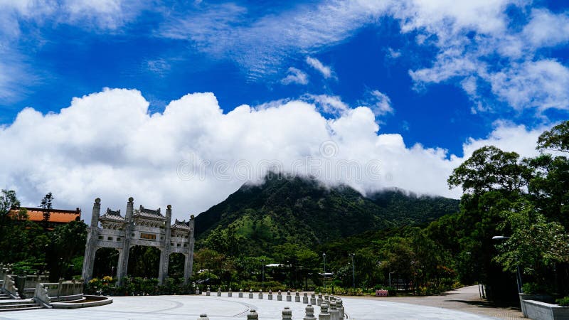 Mesmerizing scenery of mountains with blue sky in the background stock photo