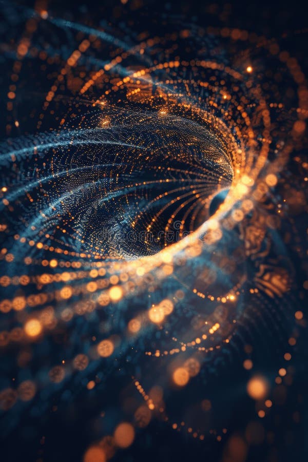 Sci-Fi Abstract Vortex with Luminous Particles on a Deep Black Canvas for Futuristic Design stock image