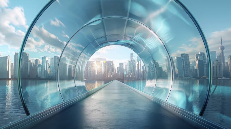 A mesmerizing view of the city skyline from inside a futuristic glass tunnel offering a surreal experience of being royalty free stock photos