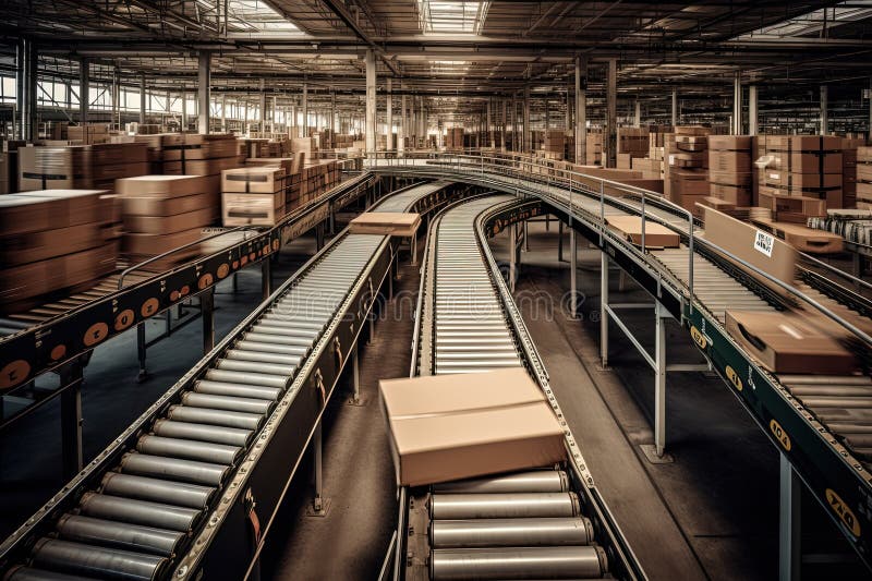 A mesmerizing view of conveyor belts in motion, swiftly sorting parcels with precision and efficiency. Generative Ai vector illustration