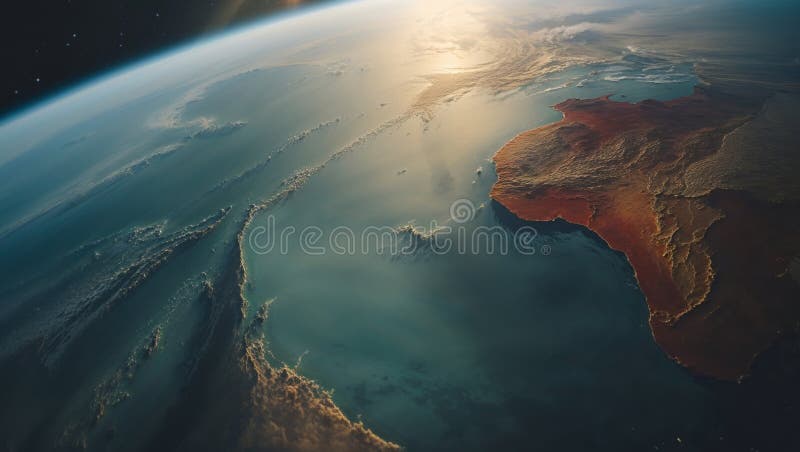 Mesmerizing view of earth from space illuminated by celestial light source continents and oceans immagine stock libera da diritti.