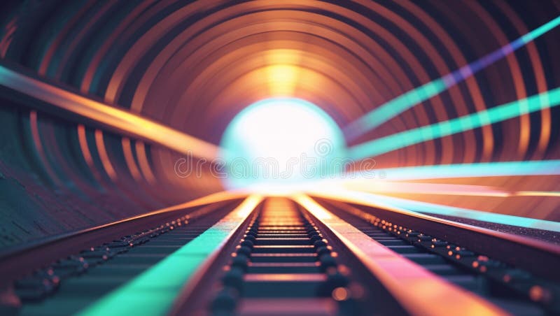 A mesmerizing view of glowing tunnel with illuminated tracks leading towards bright light immagini stock.