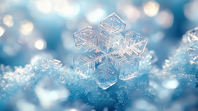 A mesmerizing view of a perfect snowflake, capturing winter s beauty and intricate details up close. A close-up view of a delicate snowflake, crystal clear, resting on a bed of ice crystals with a soft, dreamy background. Perfect for winter themes. AI generated