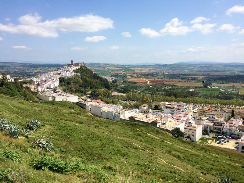 Mesmerizing view of rural white houses surrounded by greenery in Spain stock image