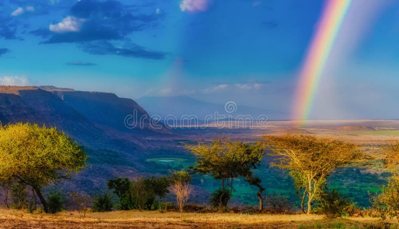 Mesmerizing view of the trees and the mountains with the rainbow in the blue sky stock image