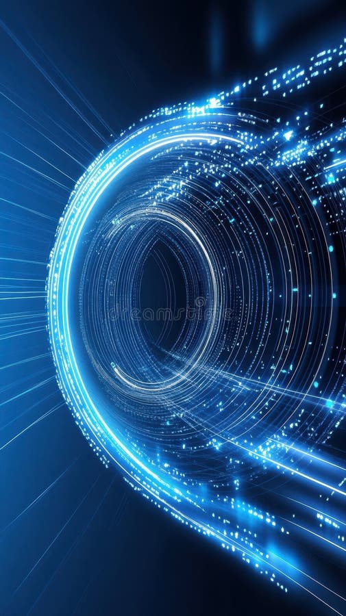 A mesmerizing vortex of blue light streaks and digital data streams swirls intensely, representing technology stock photos